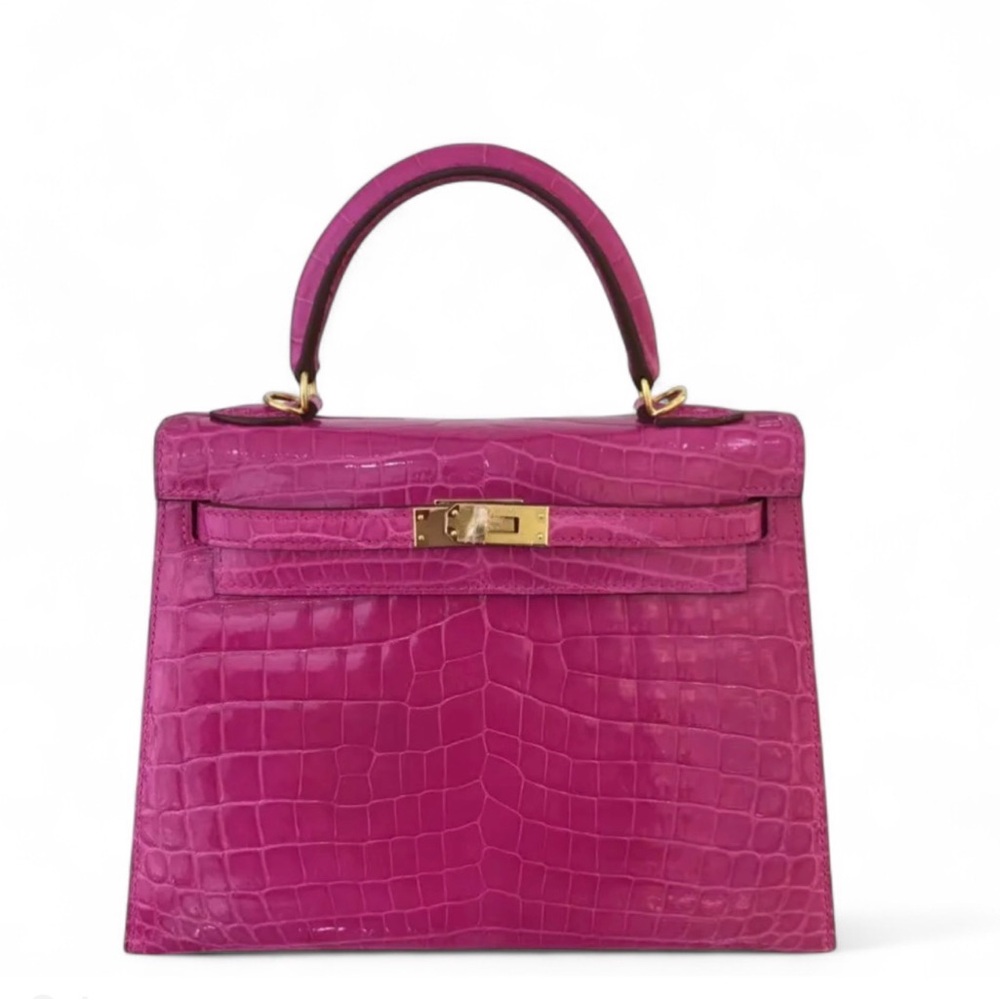 H Kelly Sellier 32 Rose Pourpre shiny Niloticus crocodile embossed leather GHW